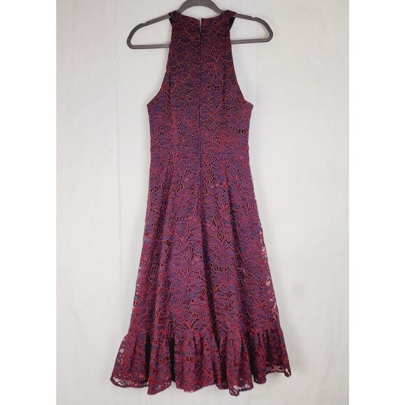 Mod Cloth A Night Like This blue and red lace ruffle hem halter dress Size 8 - Picture 4 of 15